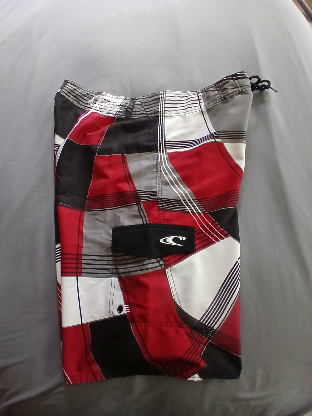 O'Neill Red Black Gray Plaid Board Shorts - Picture 7 of 8